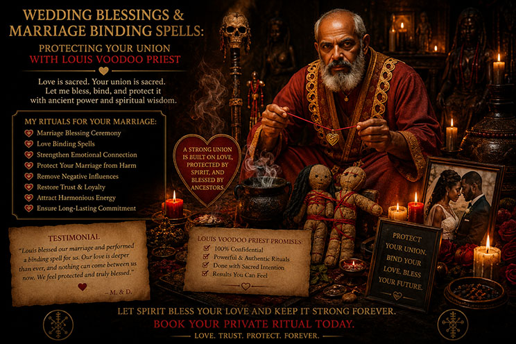 Louis Voodoo Priest performing marriage blessing with pink candles and roses